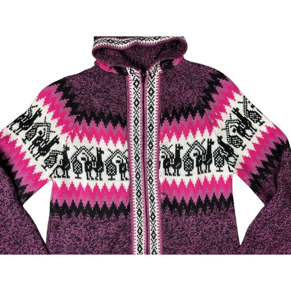 Maki Arts Women Hooded Alpaca Handmade Sweater Cardigan Purple / Black Ecuador - Picture 3 of 7